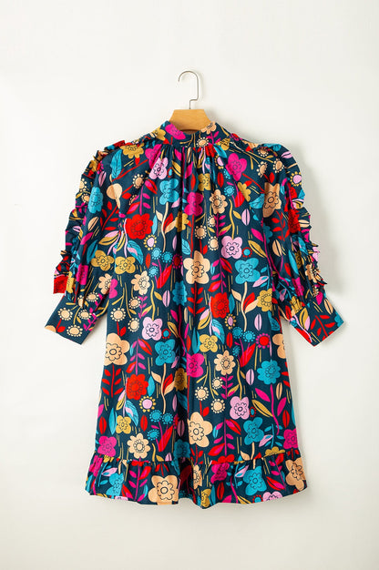 Floral Ruffle 3/4 Puff Sleeve Dress