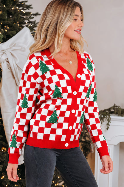 Checker Christmas Tree Buttoned V-Neck Cardigan Sweater