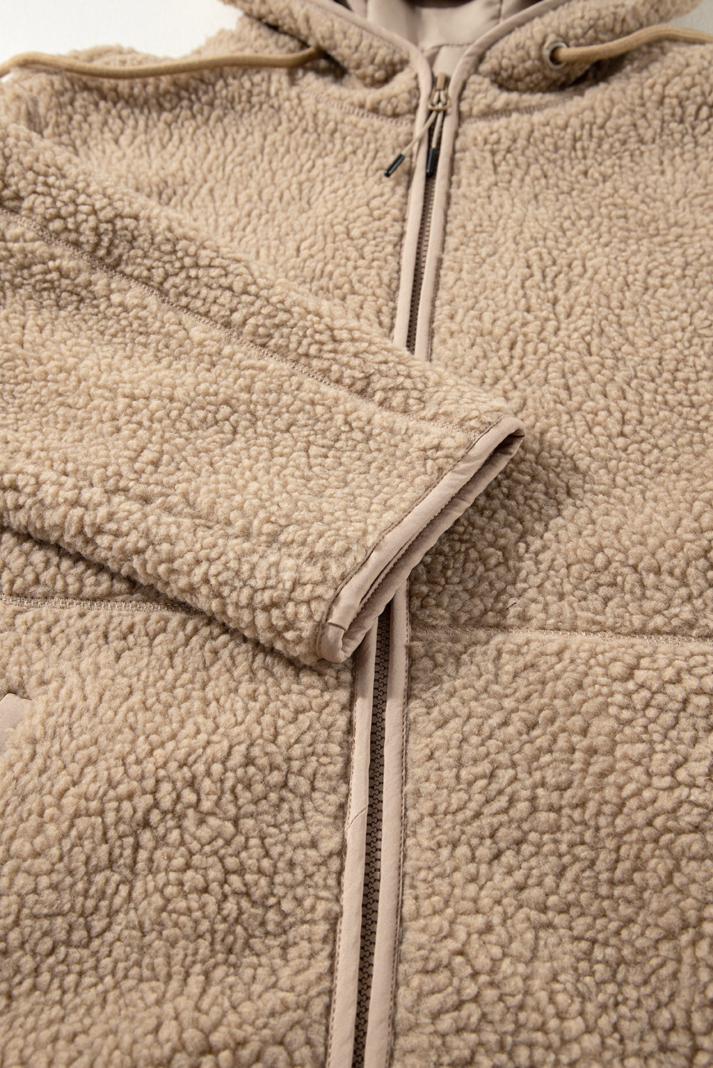 Solid Fleece Zip-Up Drawstring Pocketed Hooded Jacket