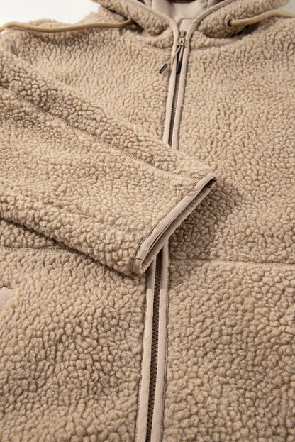 Solid Fleece Zip-Up Drawstring Pocketed Hooded Jacket