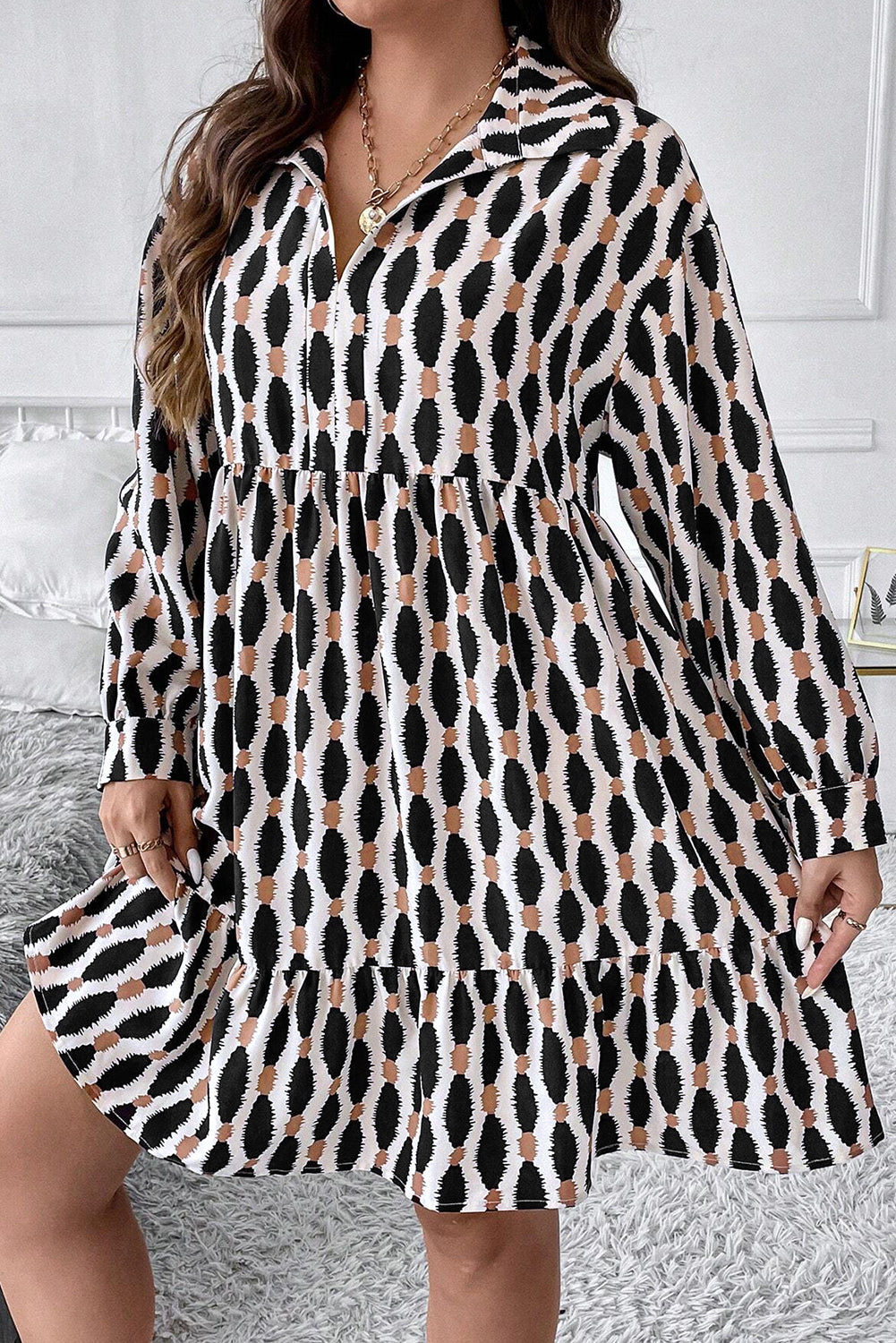 Geometric Collared V-Neck Mini Dress Plus Size