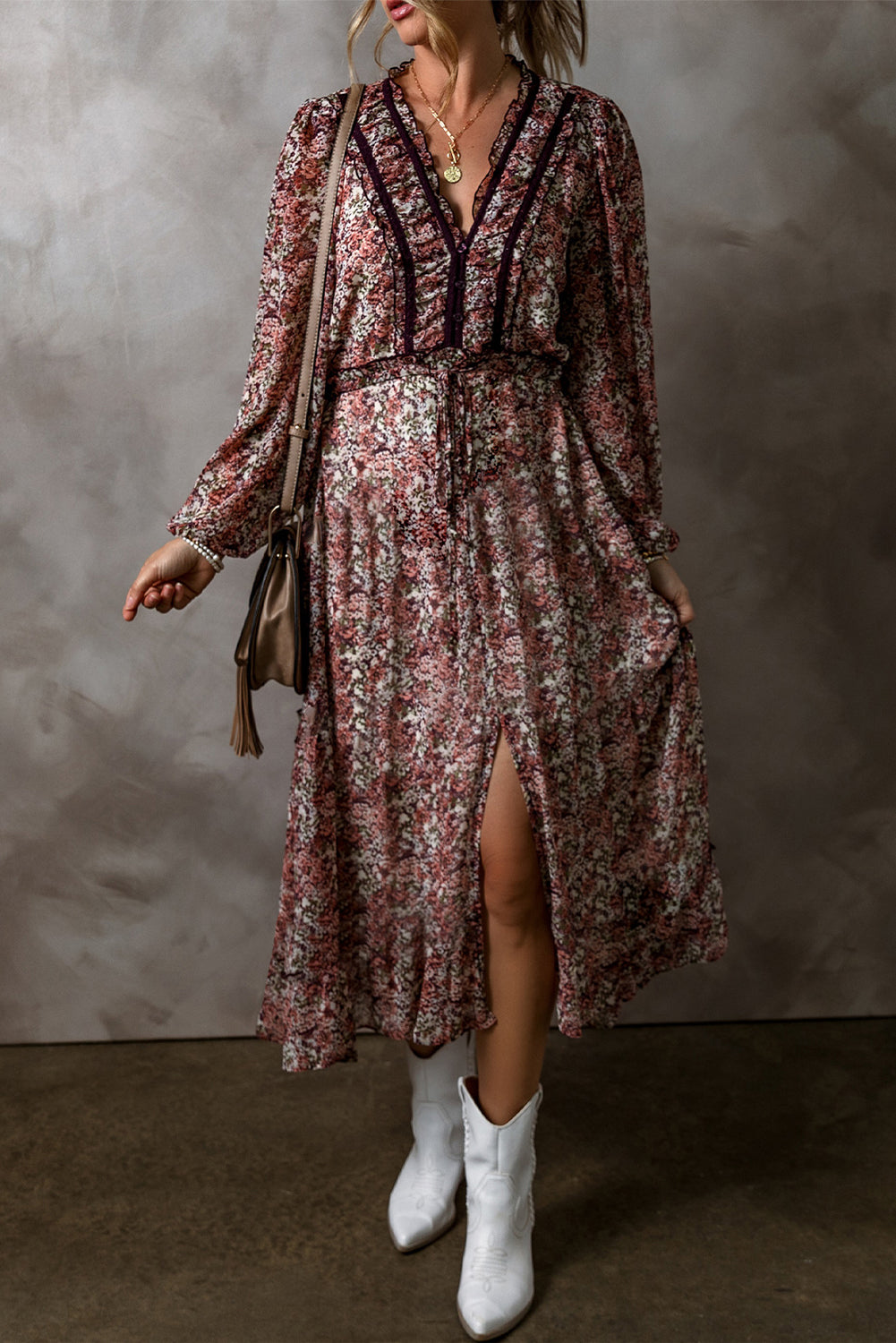 Floral Frilled V-Neck Midi Dress