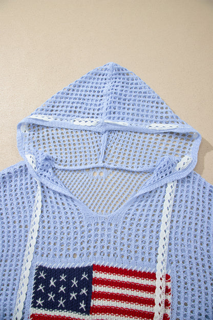 American Flag Patched Crochet Knit Hoodie