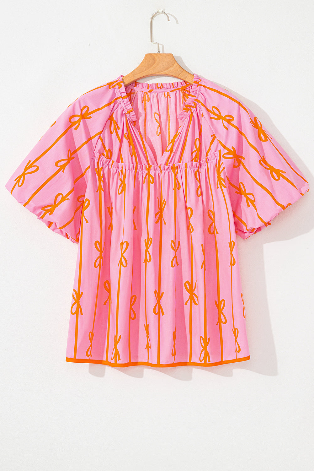 Plus Size Bow Tie V-Neck Puff Sleeve Blouse