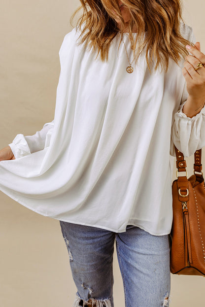 Ruched Crewneck Puff Sleeve Blouse