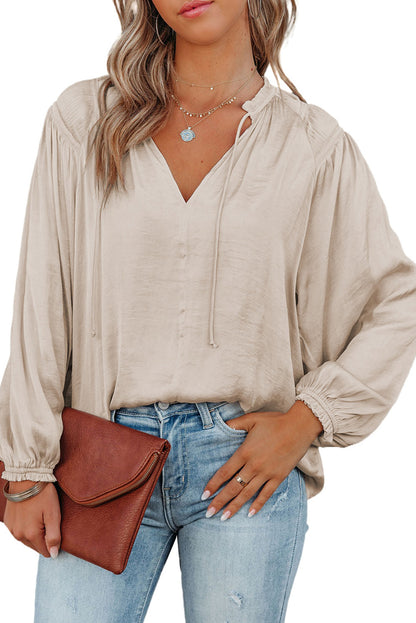 Pleated Balloon Sleeve V-Neck Blouse