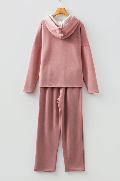 Solid Corduroy Lace Hoodie and Pants Set