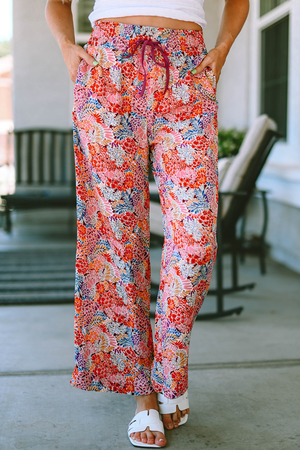 Floral Drawstring High Waist Pants