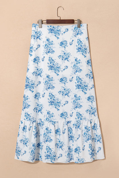 Floral Boho High Waist Ruffle Split Maxi Skirt