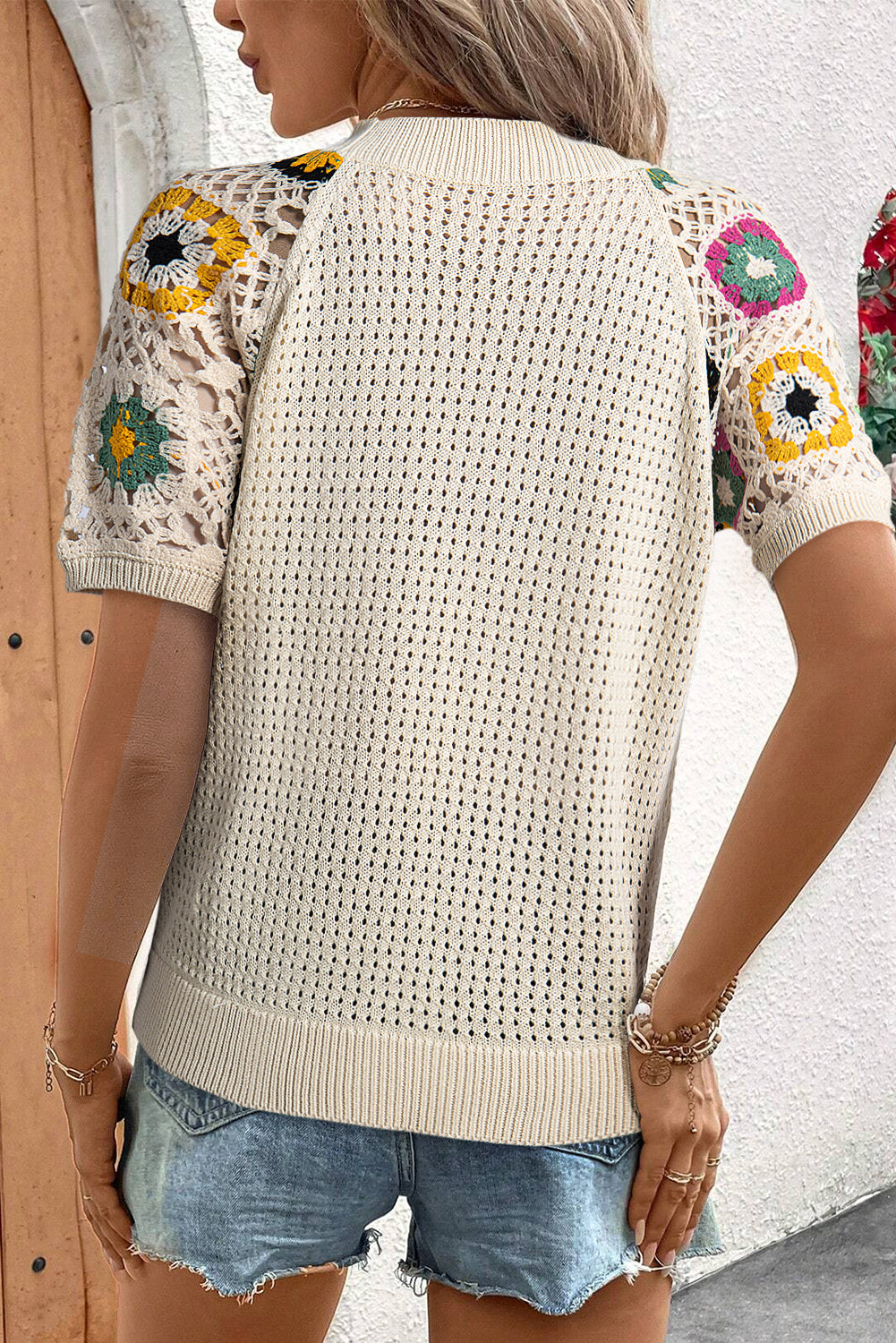 Floral Crochet Short Sleeve Sweater