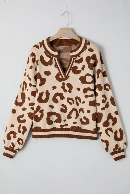 Leopard Knit V-Neck Sweater