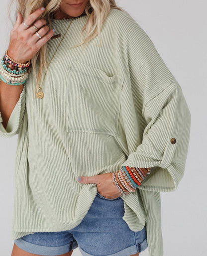 Ribbed Tab Sleeve Pocketed Top