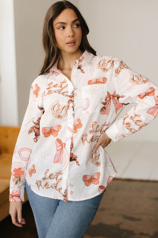Western Rodeo Cowgirl Buttoned Long Sleeve Shirt
