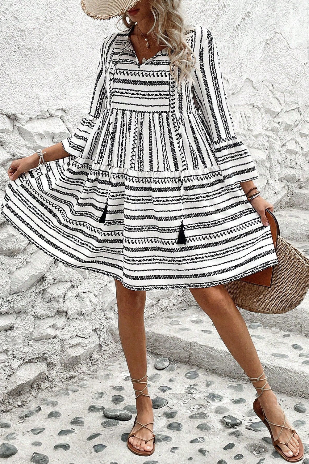 Stripe V-Neck Bell Sleeve Mini Dress