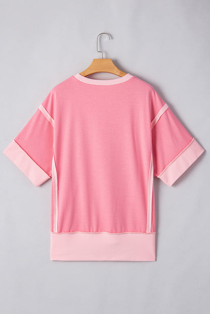Colorblock 3/4 Sleeve Raw Seam High-Low Top