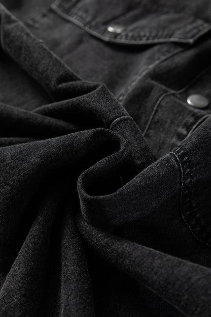 Solid Denim Chest Pocket Raw Hem Shirt Dress