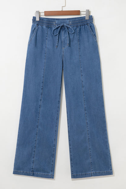 Solid Exposed Seam Drawstring Waist Wide Leg Jeans
