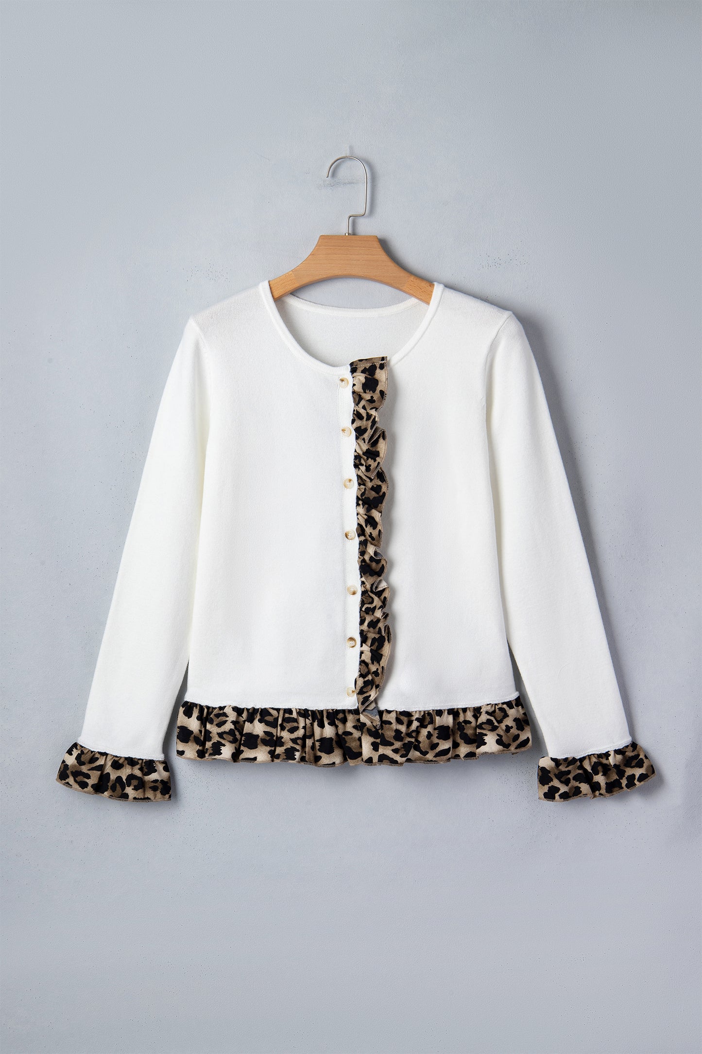 Leopard Ruffle Patchwork Button Up Cropped Cardigan