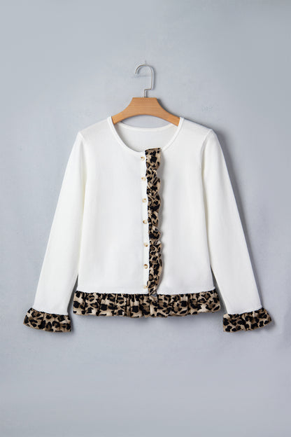 Leopard Ruffle Patchwork Button Up Cropped Cardigan