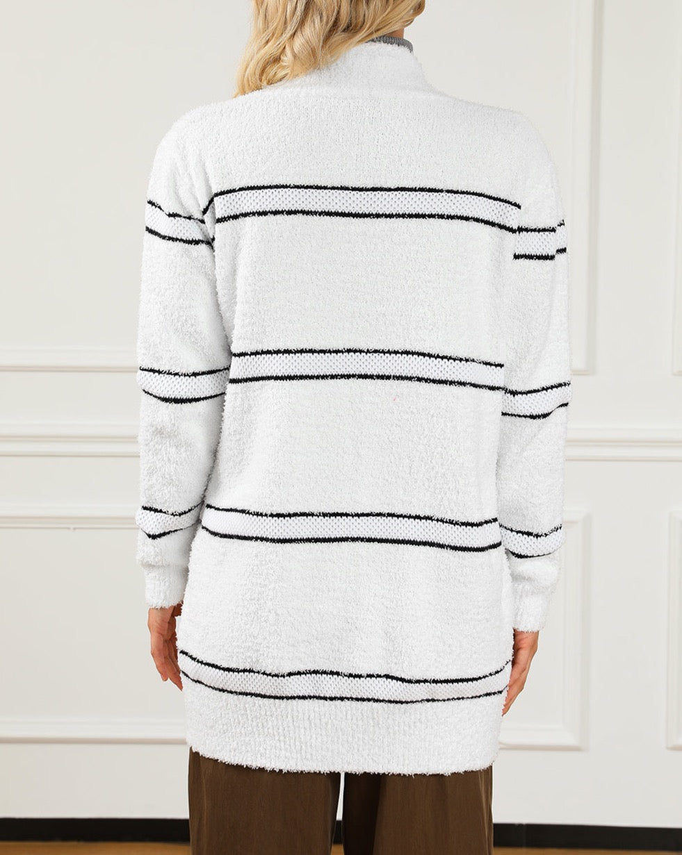 Stripe Fuzzy Open Front Cardigan