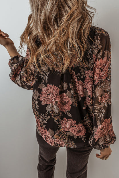 Floral Wrap V-Neck Balloon Sleeve Blouse