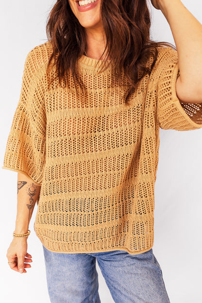 Hollow-Out Openwork Knit 3/4 Sleeve Sweater
