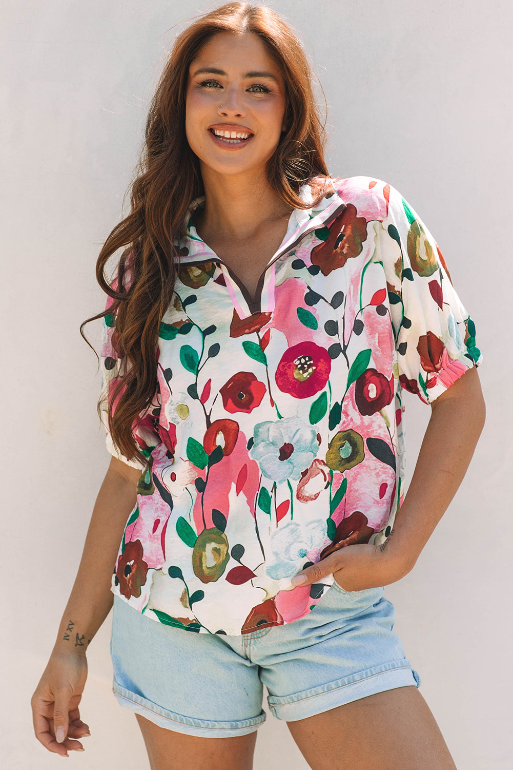 Floral Slit V-Neck Short Sleeve Blouse