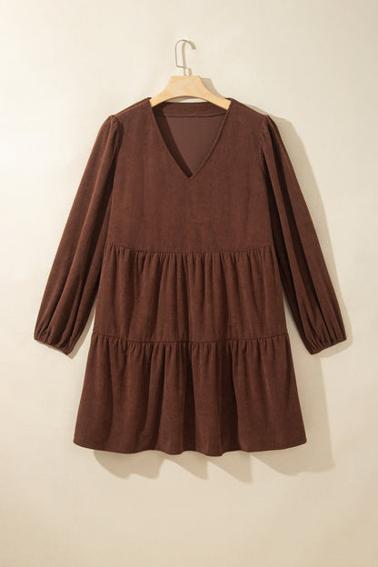 Plus Size Solid Corduroy Long Sleeve Mini Dress
