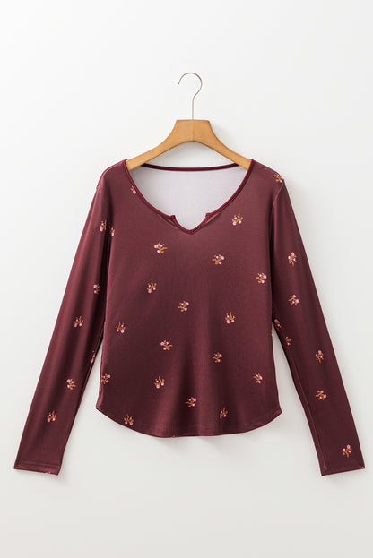 Floral Ribbed Notched Neck Long Sleeve Top