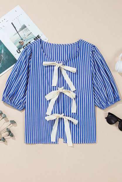 Stripe Bow Short Sleeve Blouse