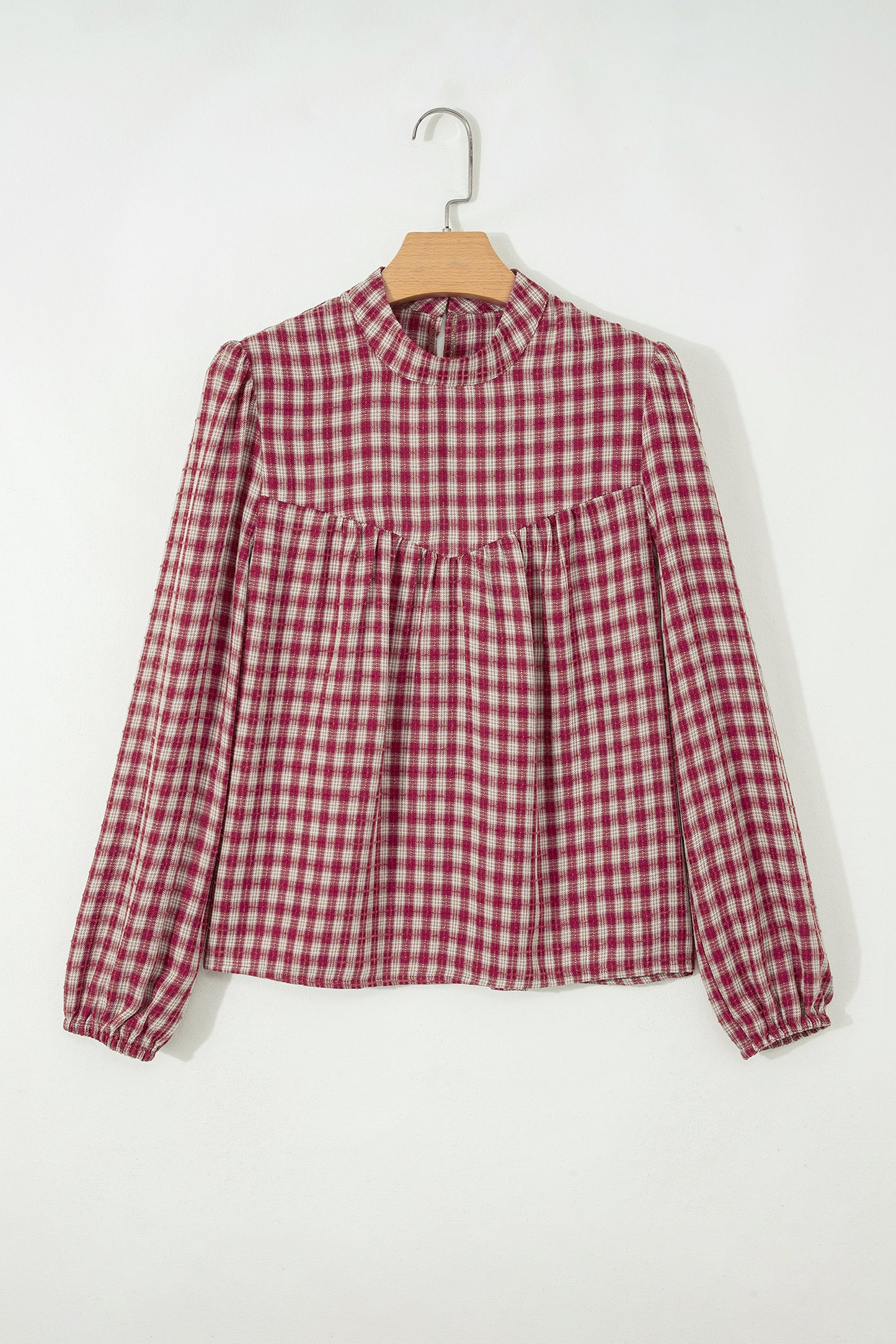 Plaid Button Keyhole Pleated Long Sleeve Blouse