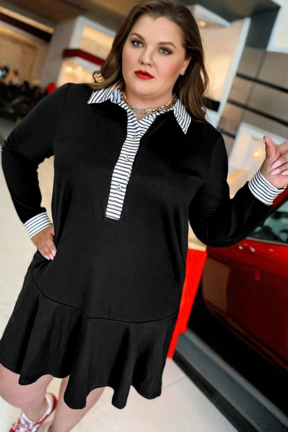 Plus Size Stripe Cuffs Collared Ruffle Hem Dress