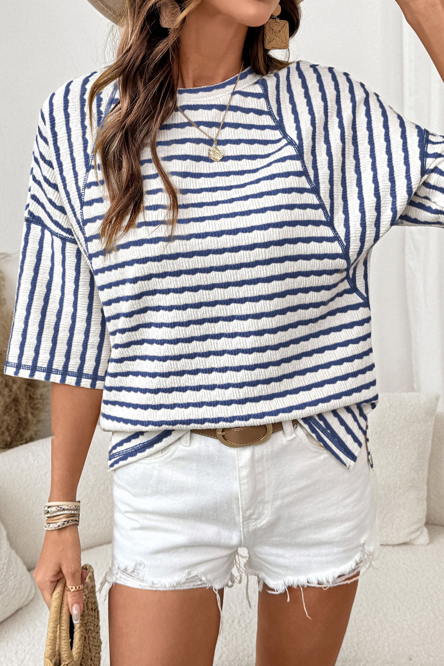 Stripe Textured Knit 3/4 Sleeve Top