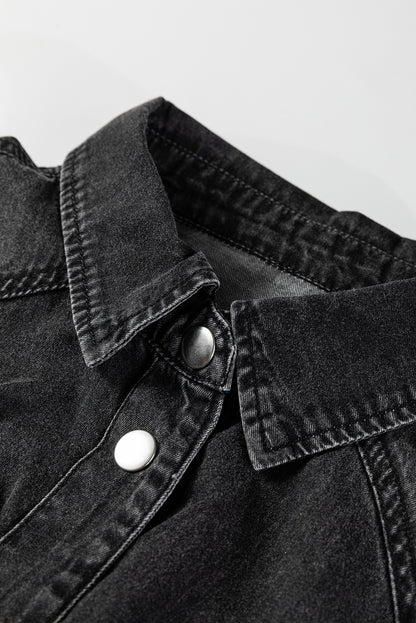Solid Denim Chest Pocket Raw Hem Shirt Dress