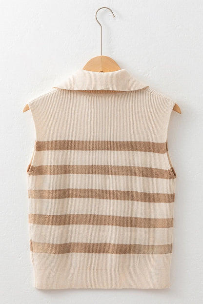 Stripe Ribbed Half-Zip Collar Sleeveless Sweater