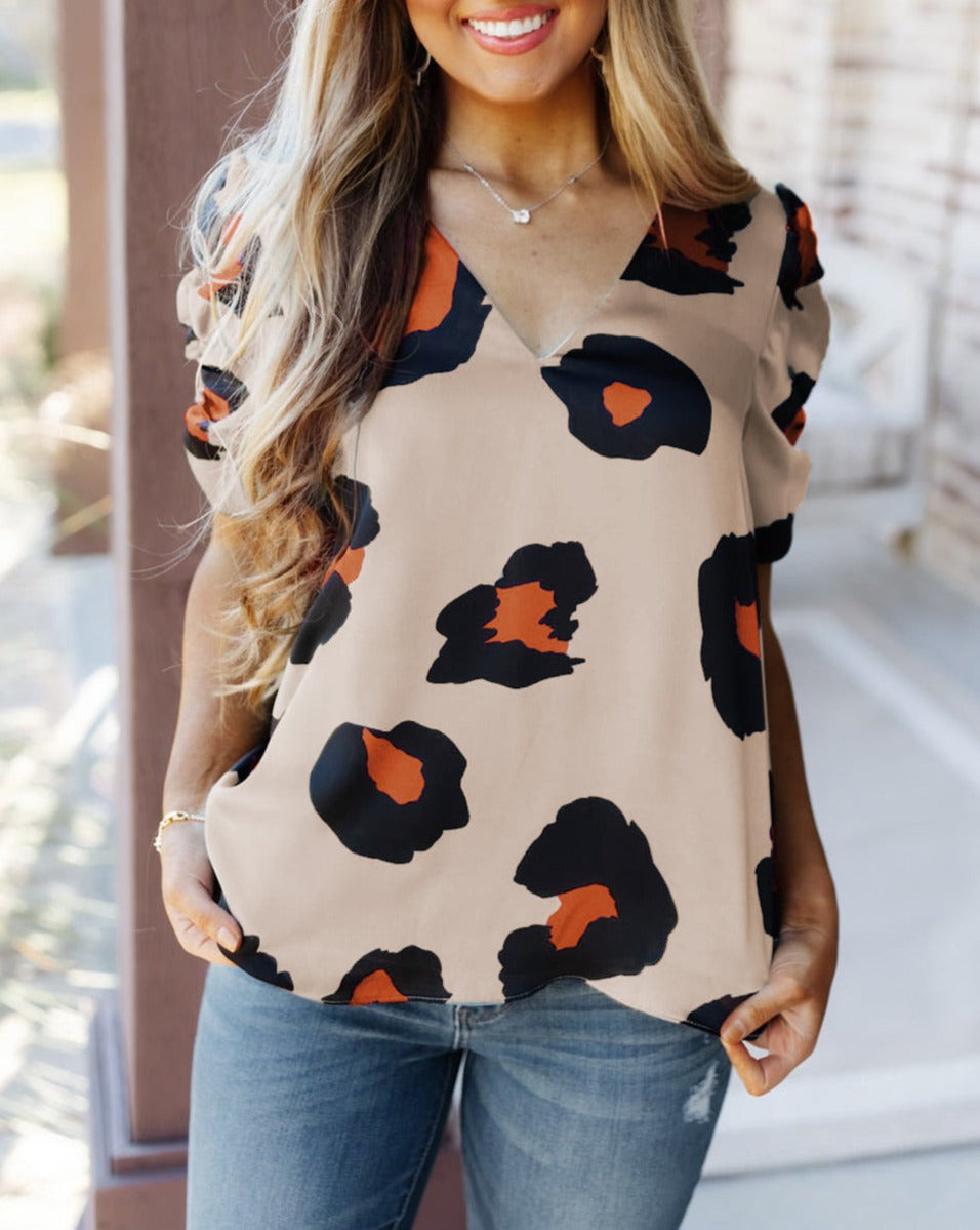 Leopard Ruched Short Sleeve Blouse