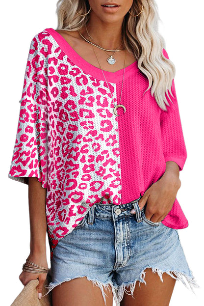 Leopard Colorblock Waffle Knit Blouse