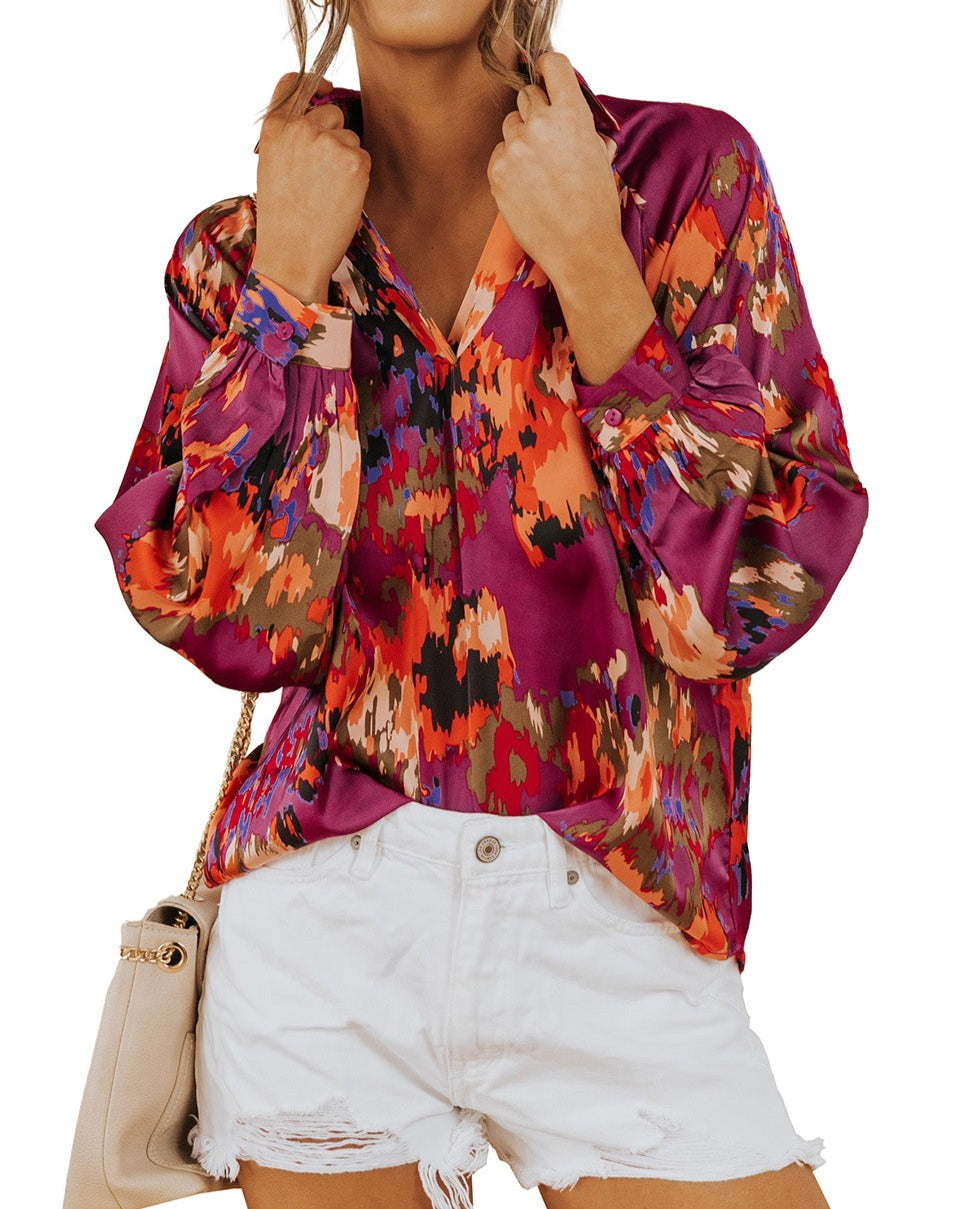 Abstract Floral Puff Sleeve Blouse