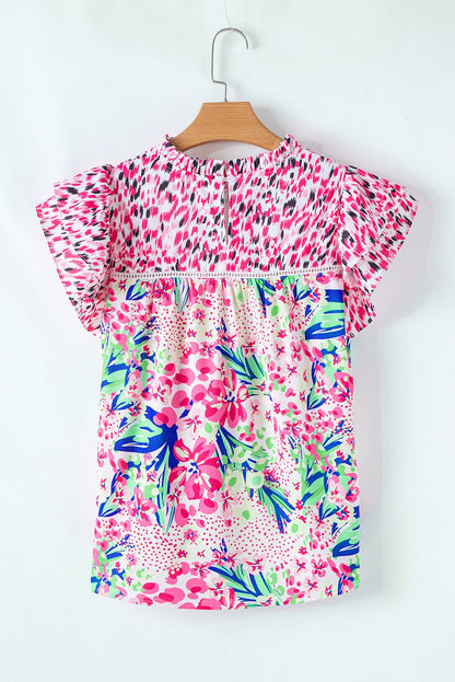 Floral Patchwork Ruffle Cap Sleeve Blouse