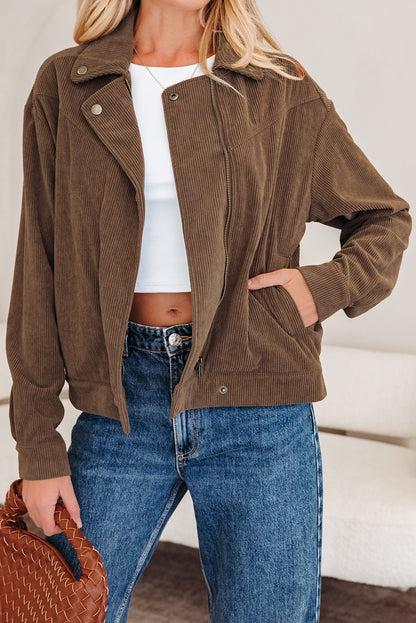 Solid Corduroy Lapel Collar Zip-Up Buttoned Jacket