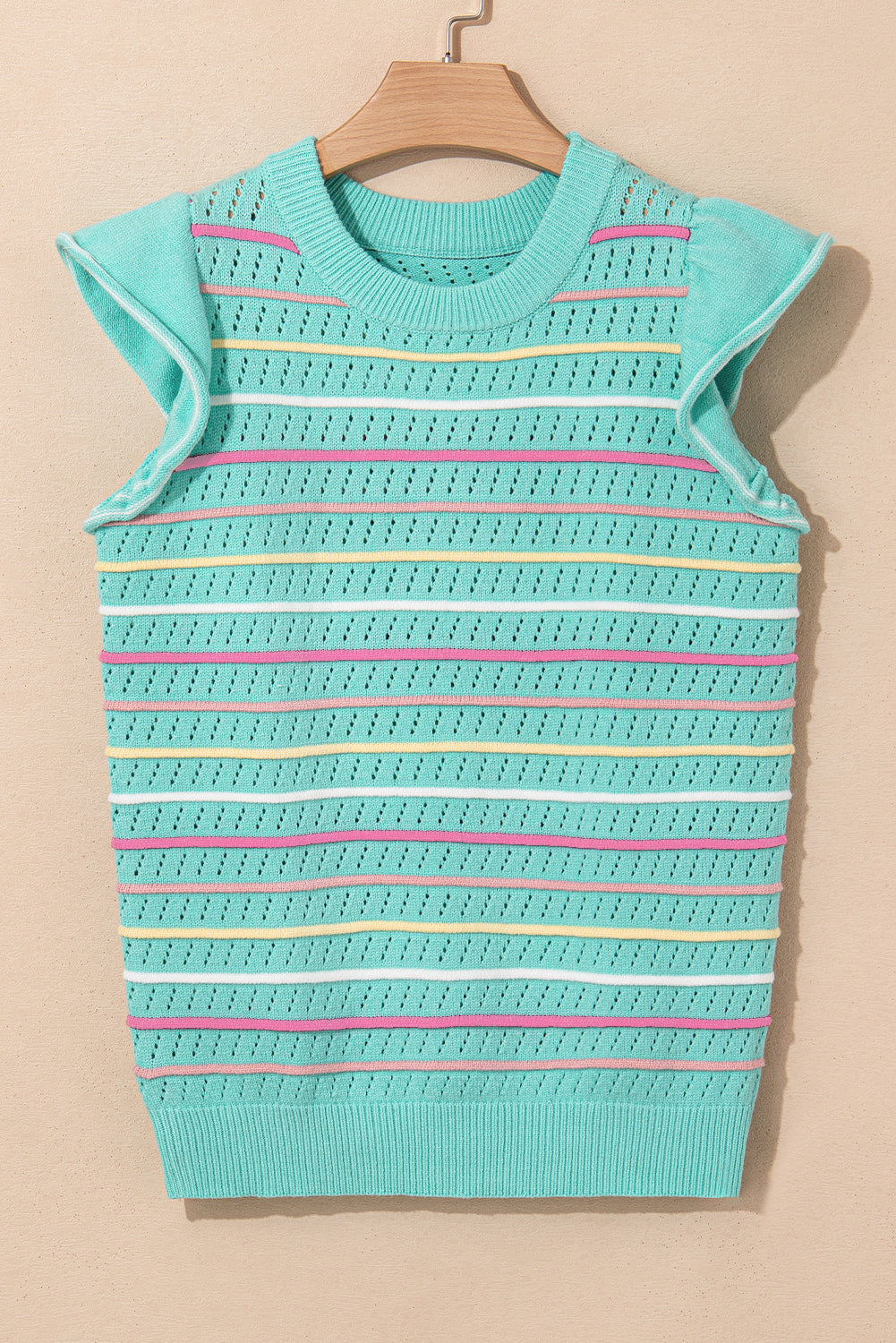 Stripe Eyelet Knit Ruffle Sleeve Sweater