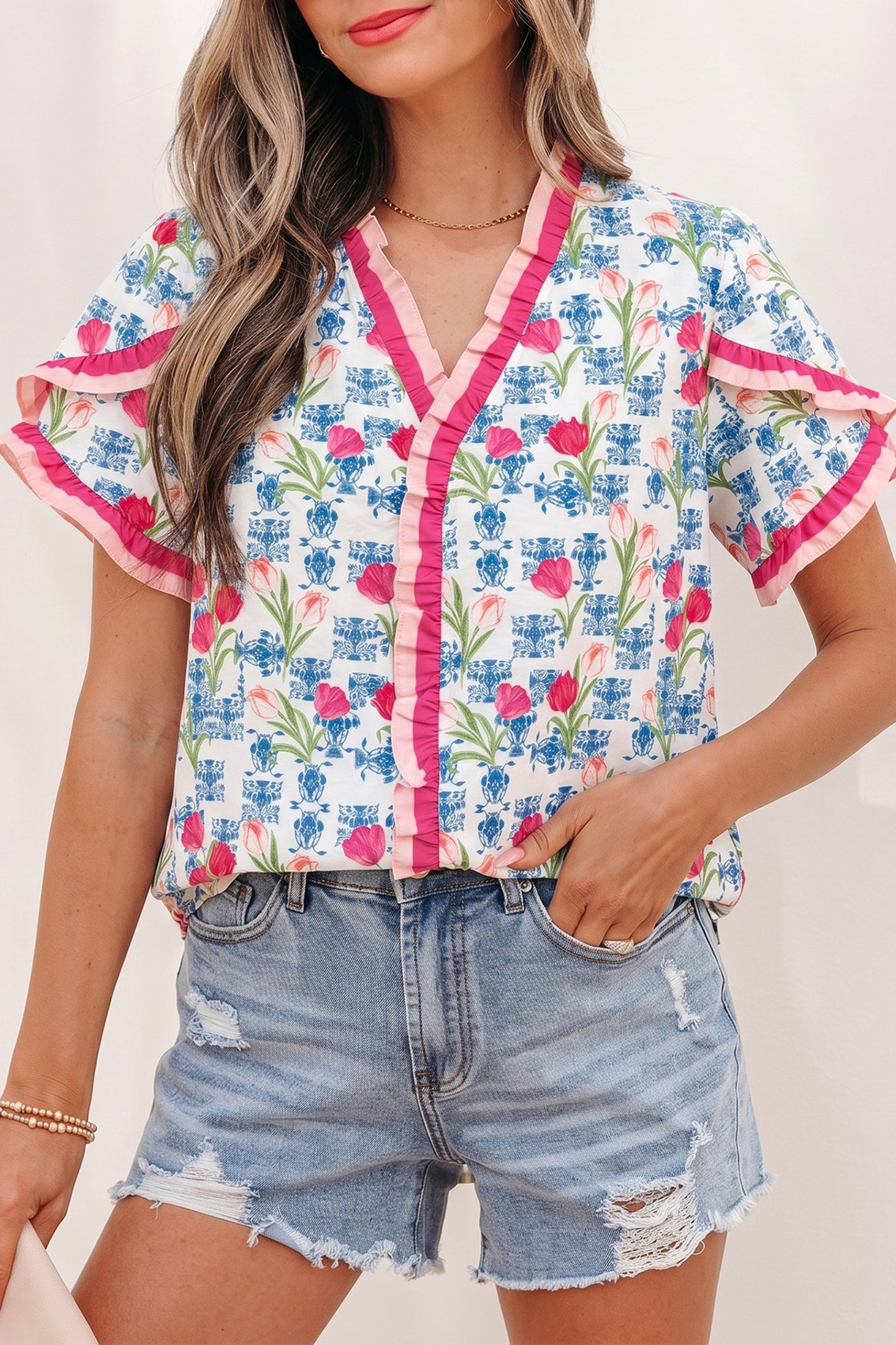 Floral Ruffle V-Neck Short Sleeve Tunic Shirt