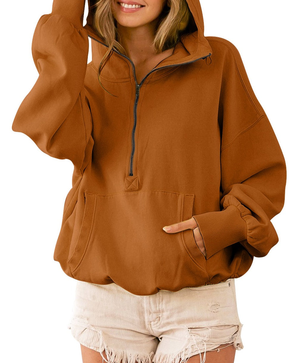 Drawstring Waist Zipped Hoodie w/Pocket