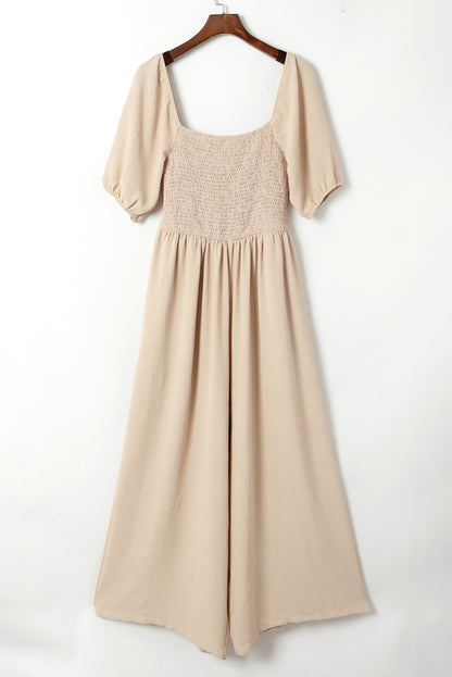 Short Bubble Sleeve Smocked Wide Leg Jumpsuit
