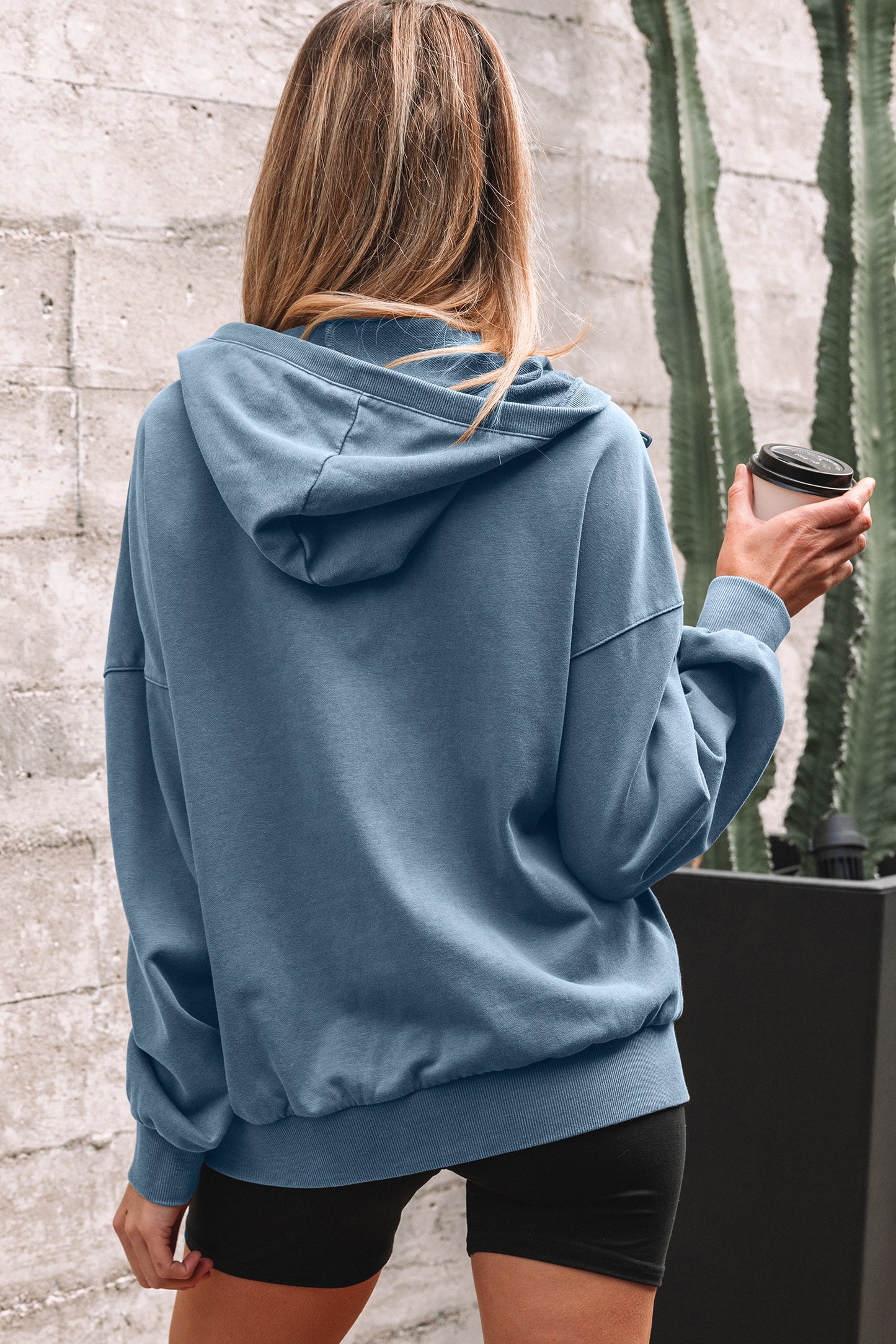 Solid Half-Zip Kangaroo Pocket Baggy Hoodie