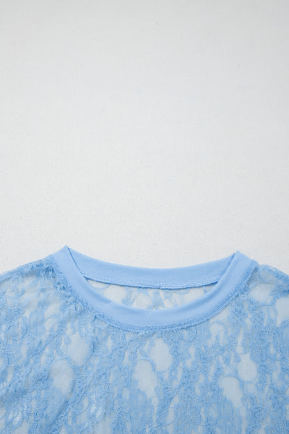Solid Sheer Lace Short Sleeve Boxy Tee