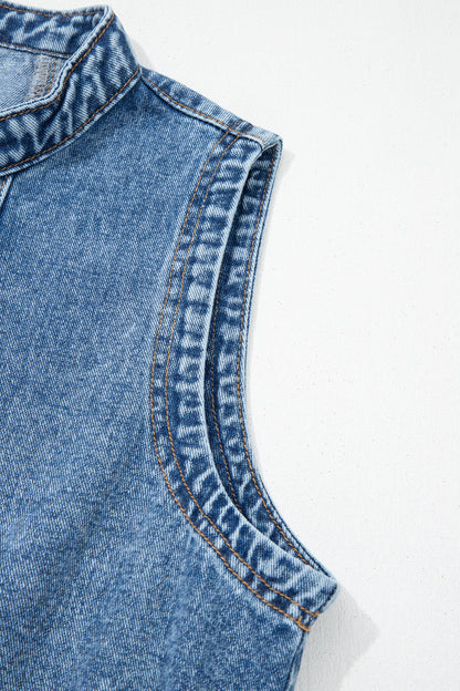 Western Denim Belted Button Down Sleeveless Dress