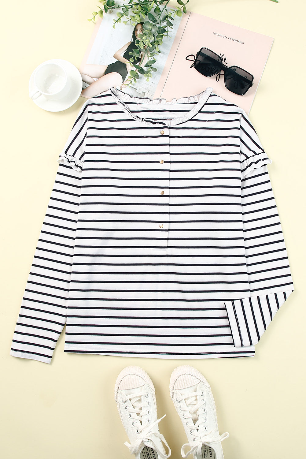 Stripe Ruffle Long Sleeve Top