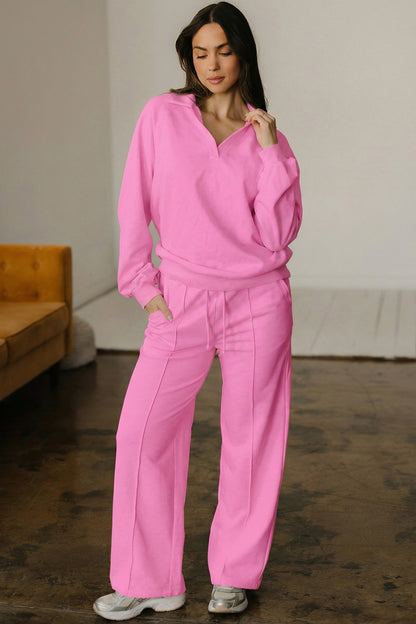 Solid V-Neck Pullover and Drawstring Sweatpants Set