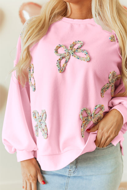 Valentine Bow Embroidered Lantern Sleeve Sweatshirt